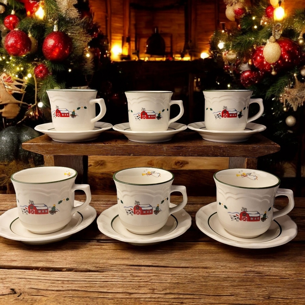 Vintage Pfaltzgraff Stoneware Snow Village 6 Sets Cups Saucers Christmas Winter